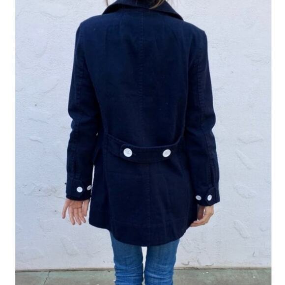 J Crew Pea Coat Women's 10 Navy Double Breasted White Button Heavyweight Twill - Picture 4 of 15